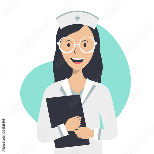 The nurse holds a medical record and smile on a white background, vector flat illustration. Medical tests concept. Health сare сoncept