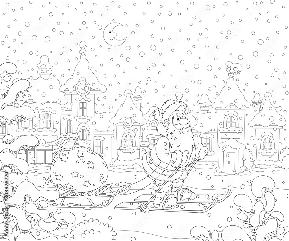 Santa Claus skiing and carrying his bag of Christmas gifts on his sledge through a snow-covered winter town on the snowy night before Christmas, black and white vector cartoon illustration
