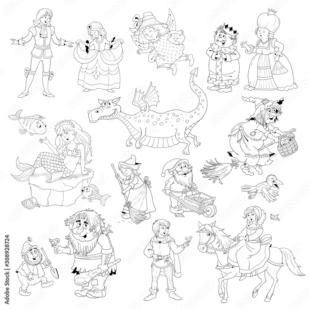 Big set of cute fairy tale characters. King, queen, prince, princess, dragon, mermaid, dwarf, troll, witch, fairy, Cinderella. 