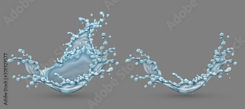Water splashes spray and drops of pure drinking mineral water. Realistic liquid with bubbles, gradient mesh used. Isolated on gray background. Eps10 vector illustration.