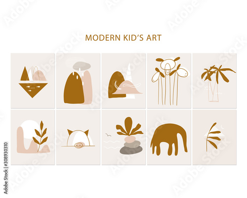 Kids abstract art. Brown, beige and white.