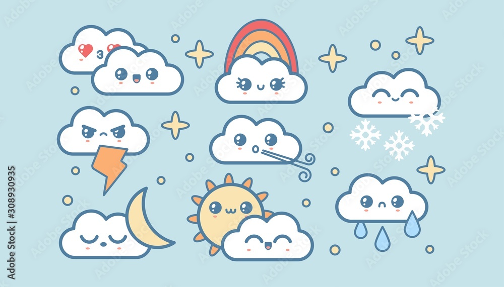 Cute kawaii weather icons. Clouds, rain, sun, stars, lightning, rainbow.  Japanese cartoon manga style. Funny anime characters. Trendy vector  illustration. Every icon is isolated on a blue background Stock Vector |  Adobe