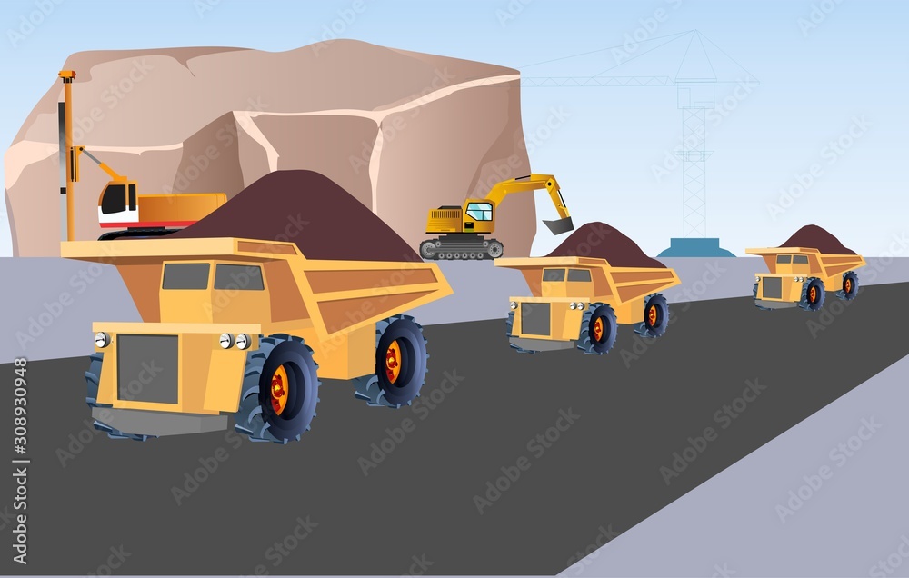 Obraz premium heavy dump trucks carry a load on a quarry, vector