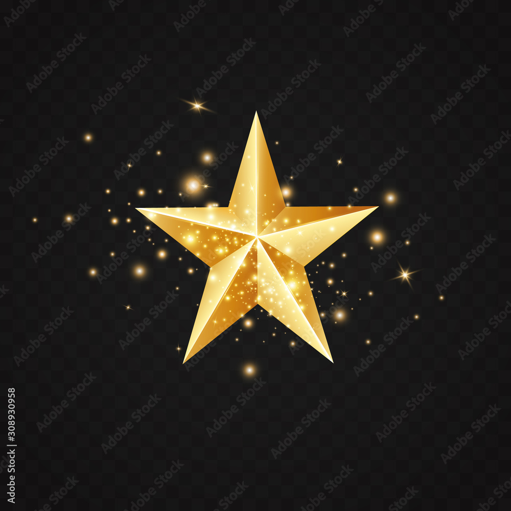 Obraz premium Golden Star. Vector realistic rating symbol, highest award, shiny object medal. Christmas tree decoration, symbol of success, achievement. Bright luxury sharp shapes, isolated illustration.