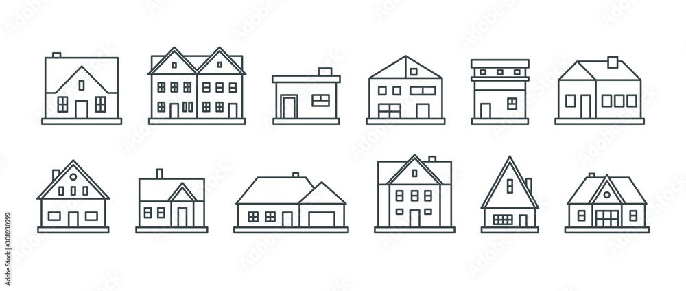 Real estate. Various outline houses and buildings. Minimalistic icons, logos. Graphic vector set. Cartoon style, simple flat design. Trendy illustration. Every icon is isolated on a white background