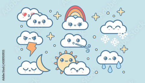Cute kawaii weather icons. Clouds, rain, sun, stars, lightning, rainbow. Japanese cartoon manga style. Funny anime characters. Trendy vector illustration. Every icon is isolated on a blue background
