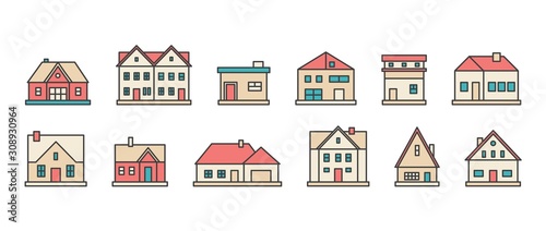 Real estate. Different buildings, houses. Minimalistic icons, logos. Colorful graphic vector set. Cartoon style, simple flat design. Trendy illustration. Every icon is isolated on a white background