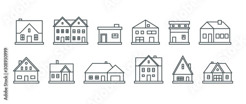Real estate. Various outline houses and buildings. Minimalistic icons, logos. Graphic vector set. Cartoon style, simple flat design. Trendy illustration. Every icon is isolated on a white background