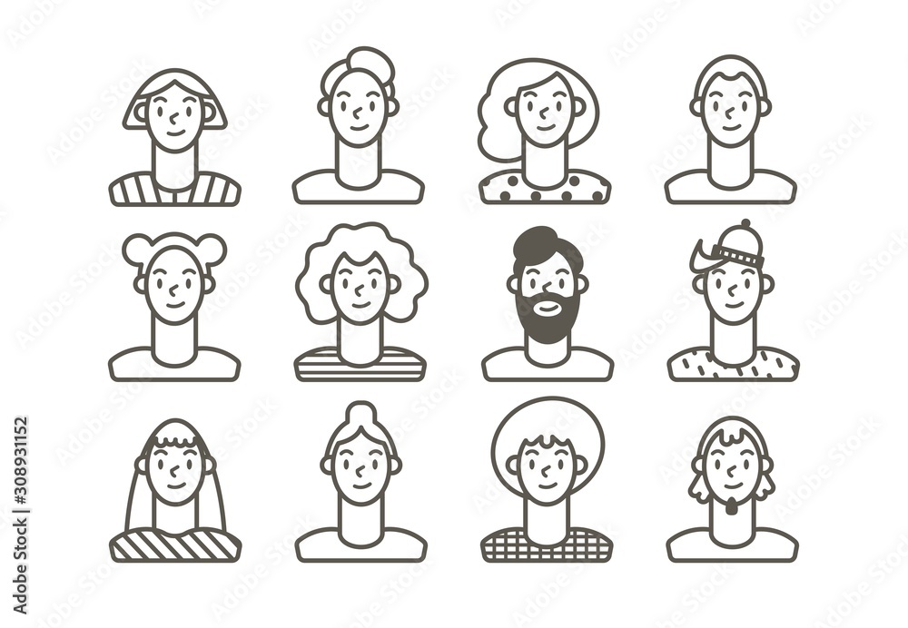 Outline people. Face avatars. Men and women. Various haircuts. Minimalistic icons. Black and white graphic vector set. Cartoon style, simple flat design. Trendy illustration. Every icon is isolated Outline people. Face avatars. Men and women. Various haircuts. Minimalistic icons. Black and white graphic vector set. Cartoon style, simple flat design. Trendy illustration. Every icon is isolated