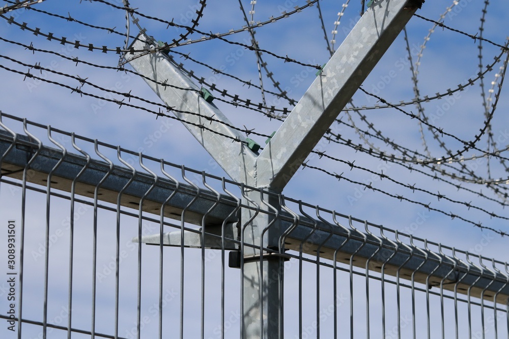 Fototapeta premium Barbed wire on the blue sky background