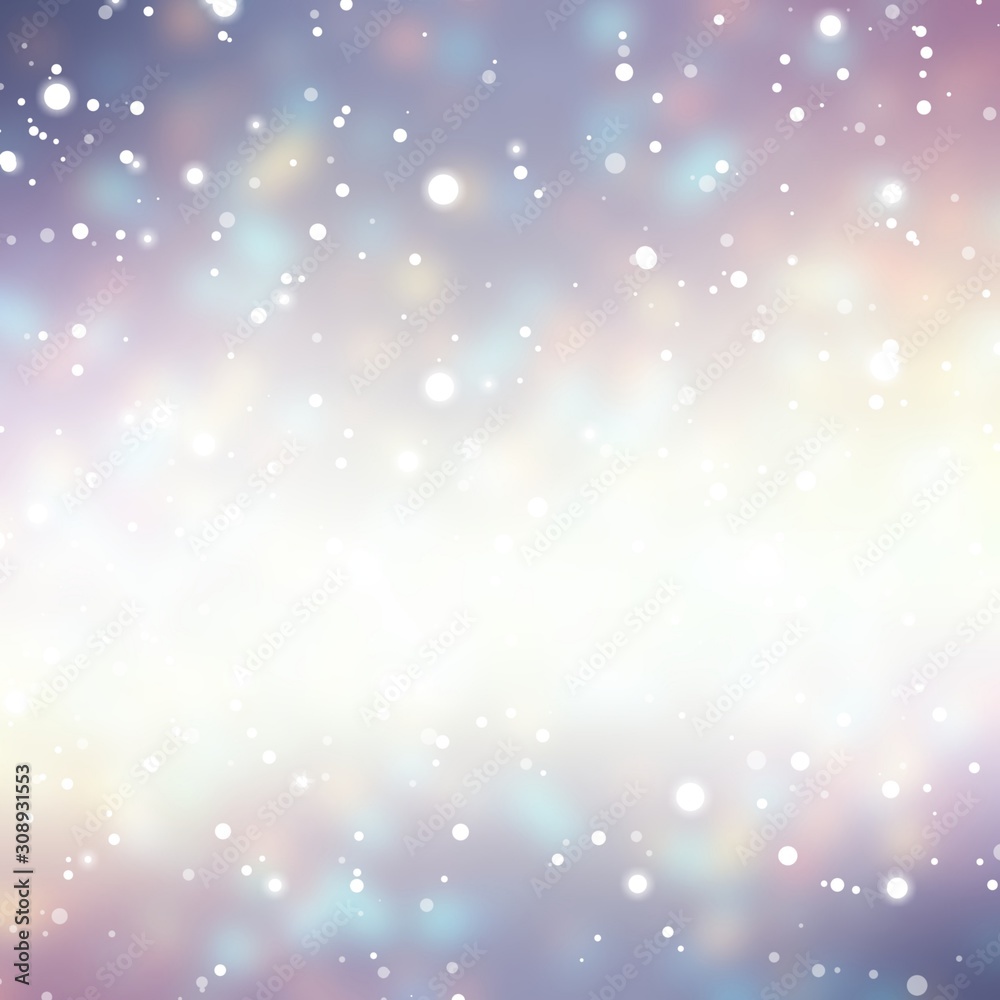 Fototapeta premium Fallen snow on glare background. Festive lights and sparkles. Defocused flares confetti. Magical holiday winter illustration. Flicker lilac ombre smoke on white backdrop. Wonderful snow pattern. 