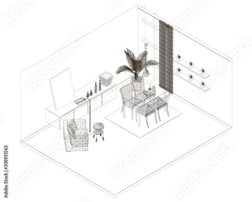 Interior wireframe made of lines Isolated on a white background. View isometric. 3D. Vector illustration