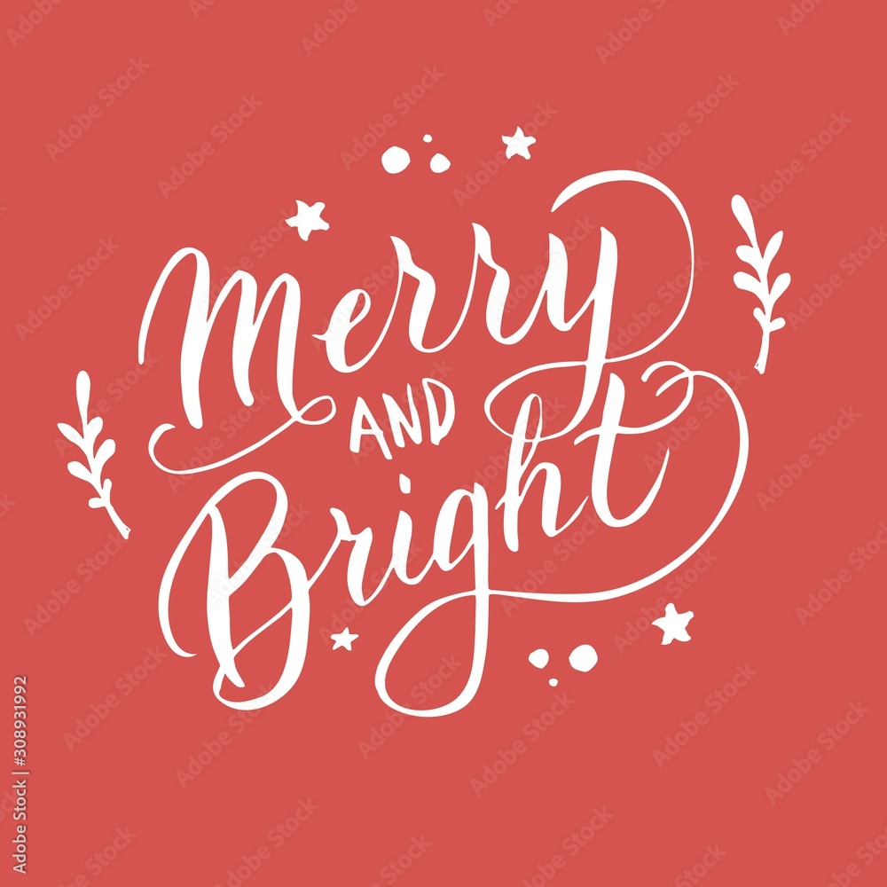 Merry and bright font postcard. New year greeting typography lettering. Celebration poster, banner, christmas quote. Vector eps 10. Merry and bright font postcard. New year greeting typography lettering. Celebration poster, banner, christmas quote. Vector eps 10.