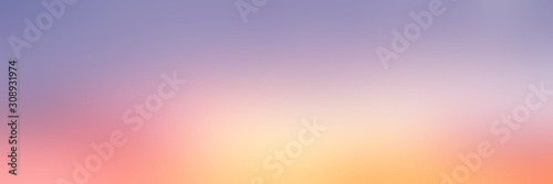 Sunset abstract pattern large format banner. Red yellow lilac gradient blur background. Nature defocus illustration. Outside decor.