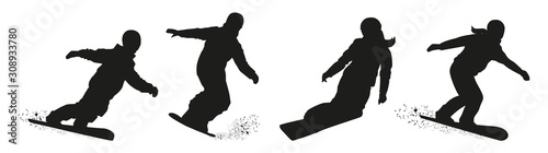 Set of vector snowboarders boys and girls. Winter sport. Black silhouette