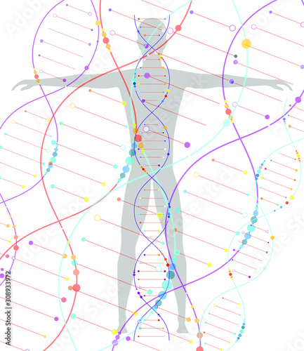 DNA and a man on a white background. The study of human DNA. Body cloning, DNA tests, tests. Medical technology of the future.