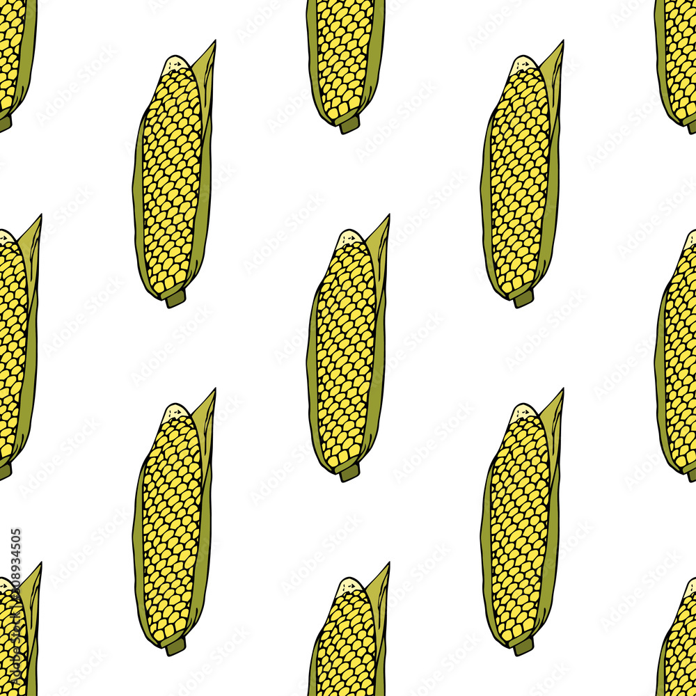 Ripe corn cob with leaves. Seamless pattern. hand drawn vector illustration. Ripe corn cob with leaves. Seamless pattern. hand drawn vector illustration.