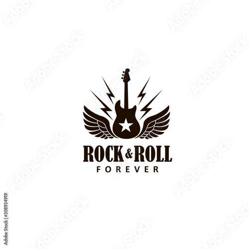 icon of electric guitar with wings isolated on white background