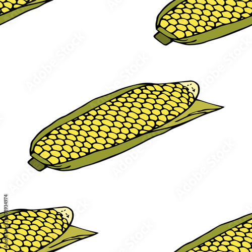 Ripe corn cob with leaves.  Seamless pattern. hand drawn vector illustration.