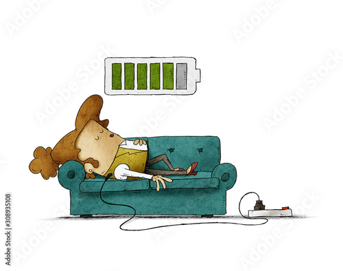 Illustration of a businesswoman on the sofa is connected to the power grid while recharging energy. Recharge concept. isolated