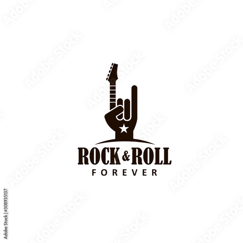 hand as symbol of rock music with electric guitar isolated on white background