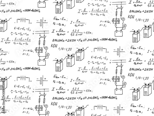 Batteries. Electric law theory and physics mathematical formula equation. Physical equations on whiteboard. Technological and scientific  background. Vector hand-drawn seamless pattern.