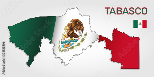 Vector map of Tabasco state combined with waving Mexican national flag. Tabasco silhouette or borders for geographic themes - Vector