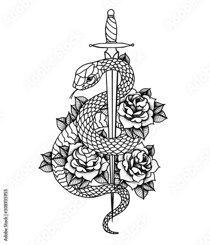 Tattoo with roses and snake, sword and dagger.