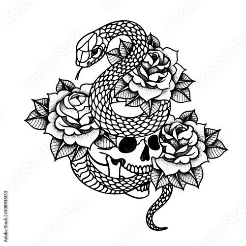 Tattoo with roses and snake, skull with sacred geometry frame.
