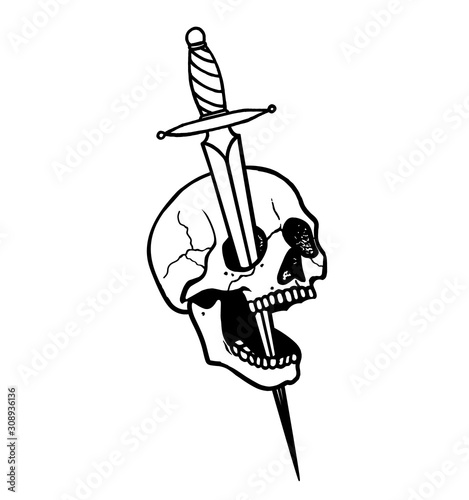 Tattoo with roses and snake, skull, sword and dagger.