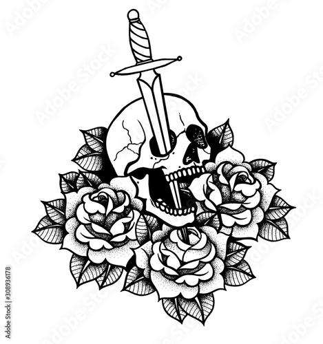 Tattoo with roses and snake, skull, sword and dagger.