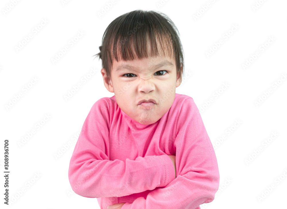 Portrait of angry little child girl and standing with cross one's arm isolated on white background. Portrait of angry little child girl and standing with cross one's arm isolated on white background.