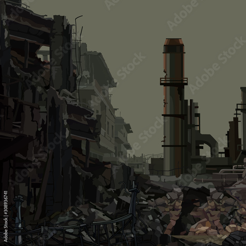 background ruins of an industrial plant with pipes