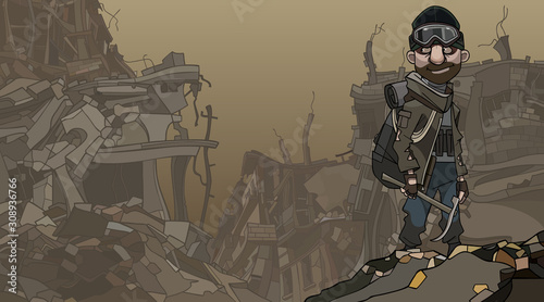 cartoon man with pickaxe on the background of ruins in the dusty fog