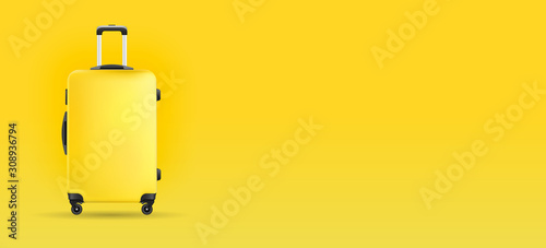 Yellow suitcase on yellow background banner time to travel