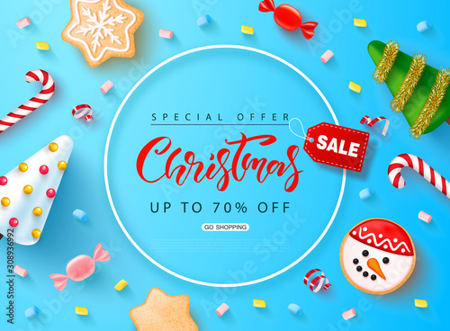 Web banner for Christmas sale. Holiday background with cookies, sweets, marshmallows and serpentine. Vector illustration. Seasonal discount.