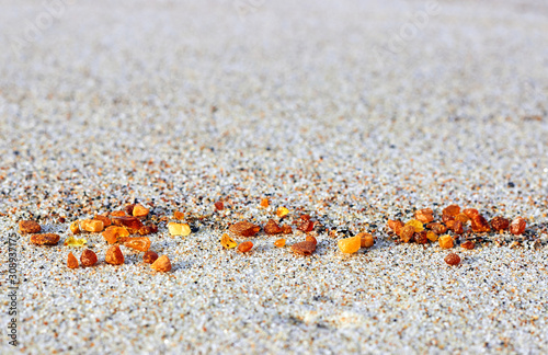 Fotografia Amber in the sand. Amber on the seashore. Sun stone