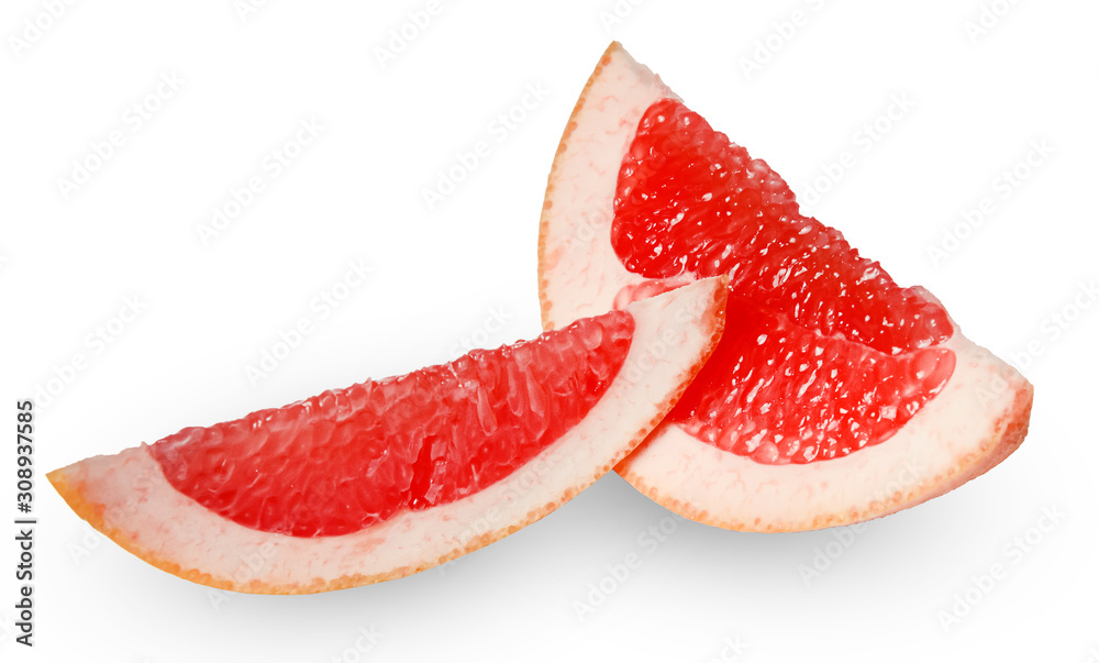 Two slices of fresh ripe grapefruit isolated on white.