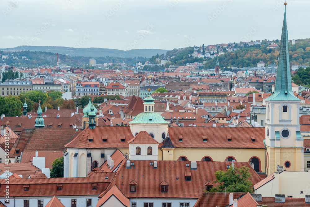 Amazing view on tiled roofs in Prague from the top