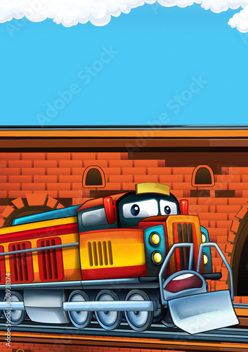 Cartoon funny looking train on the train station near the city with space for text - illustration for children