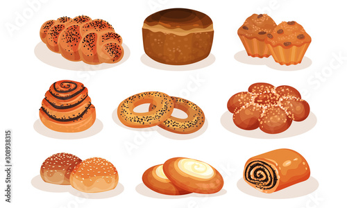 Bakery Pastry Products Collection, Bread, Bagel, Roll, Bun, Muffin, Cheesecake Vector Illustration