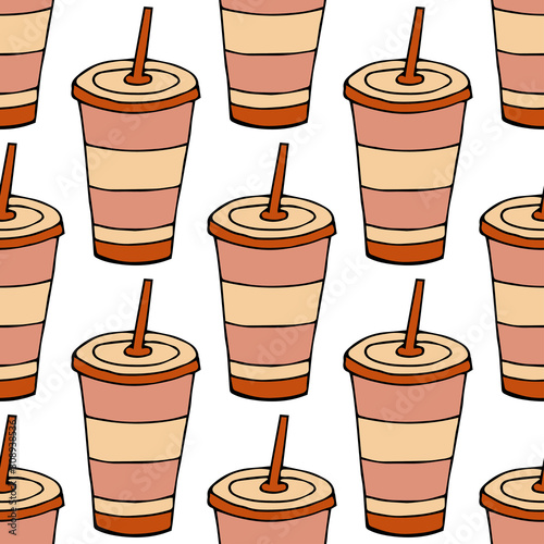 Glass of drink with a lid and a straw.Seamless pattern. hand drawn vector illustration.