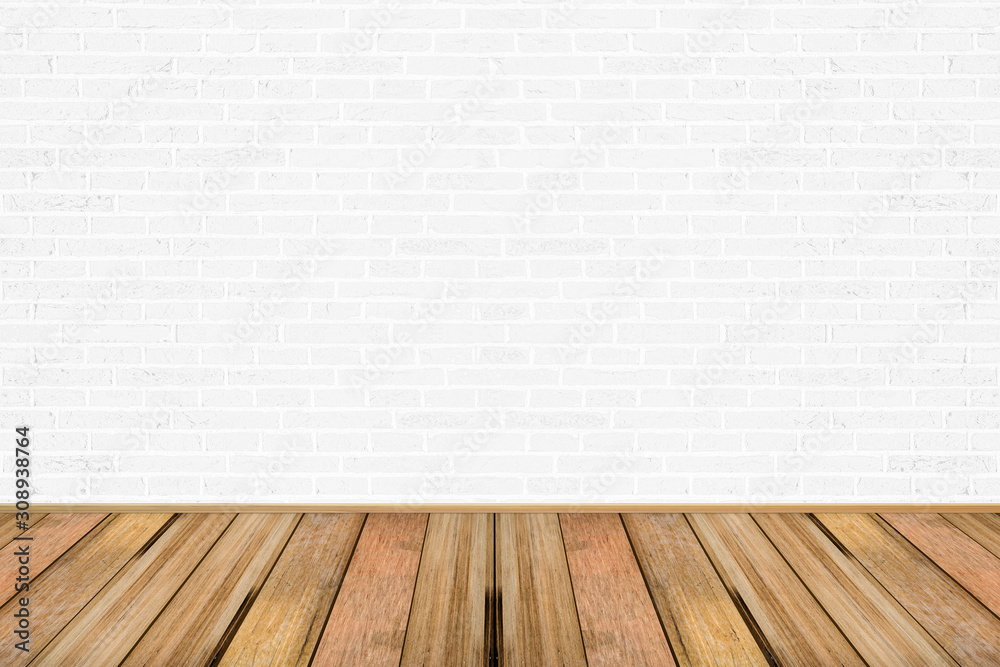 Empty living room with wooden floor and white painted brick wall background. For design interior. - obrazy, fototapety, plakaty 