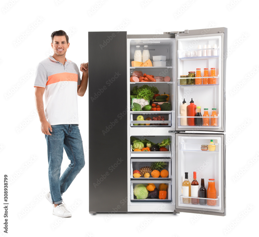 Man near open refrigerator on white background Man near open refrigerator on white background