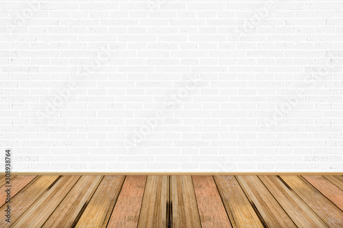 Empty living room with wooden floor and white painted brick wall background. For design interior.