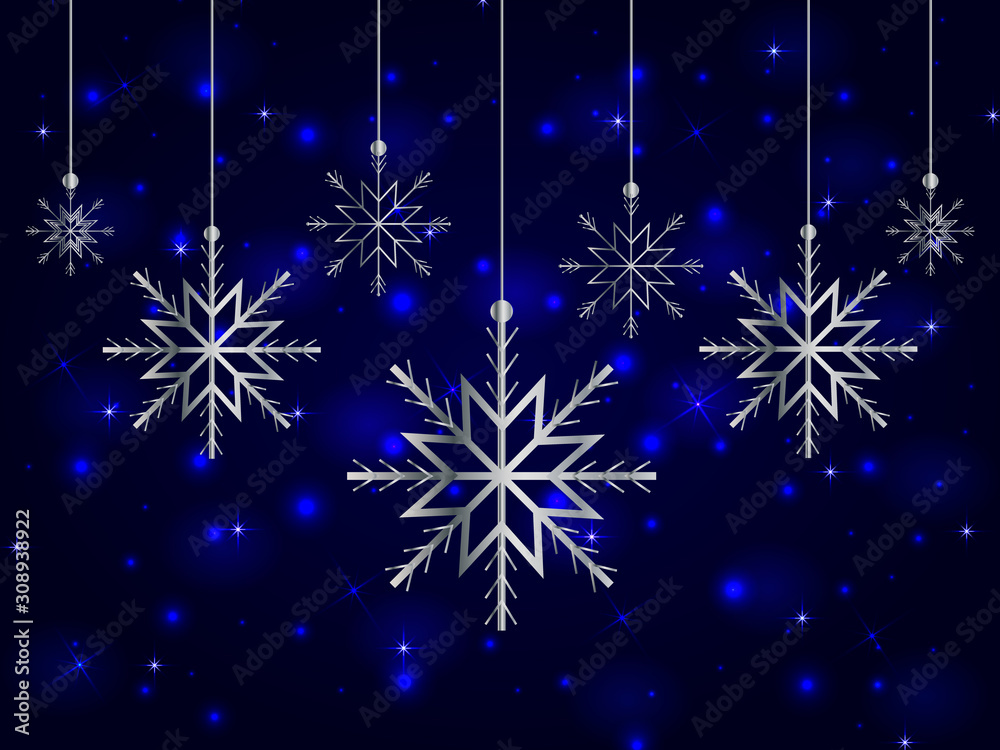 Silver Christmas snowflakes on a bright blue shimmering background with highlights and stars. Festive New Year and Christmas background.