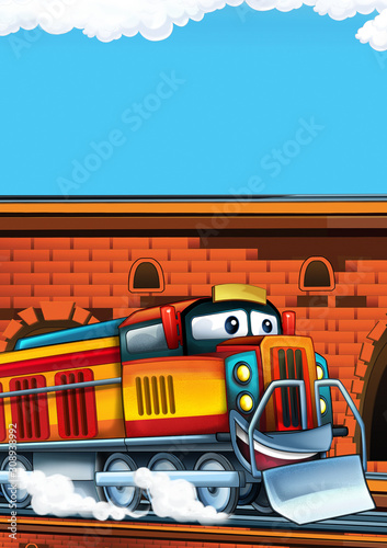 Cartoon funny looking train on the train station near the city with space for text - illustration for children