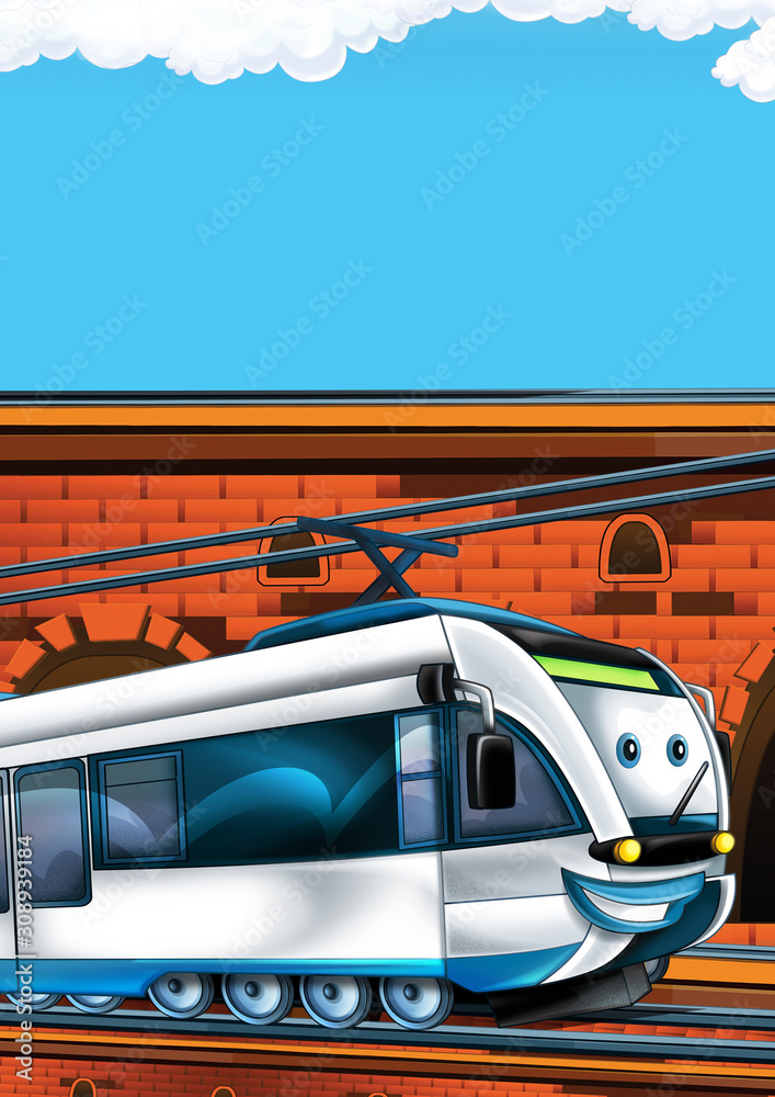 Fototapeta premium Cartoon funny looking train on the train station near the city with space for text - illustration for children