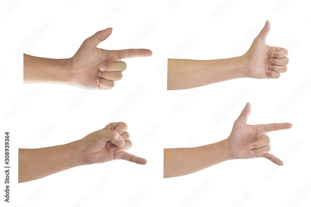 Set of male hands showing symbols, like, pointing and promise, Isolated on white background. with clipping path.