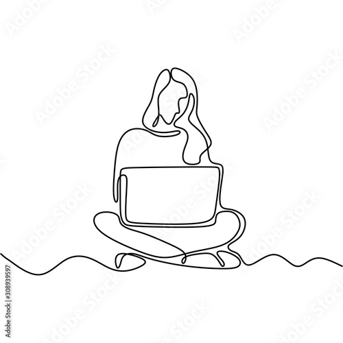 Continuous line drawing of woman sitting with laptop. Casual young girl doing freelance job work.